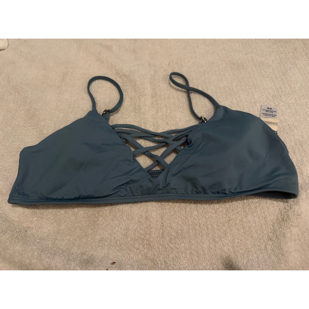 L Space Wild Side Bikini Top Dusty Blue Strappy Crisscross Bralette D/DD